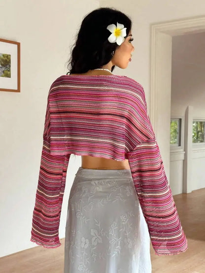 Colourful Striped Knit Top – Textured Flare Sleeve Pullover