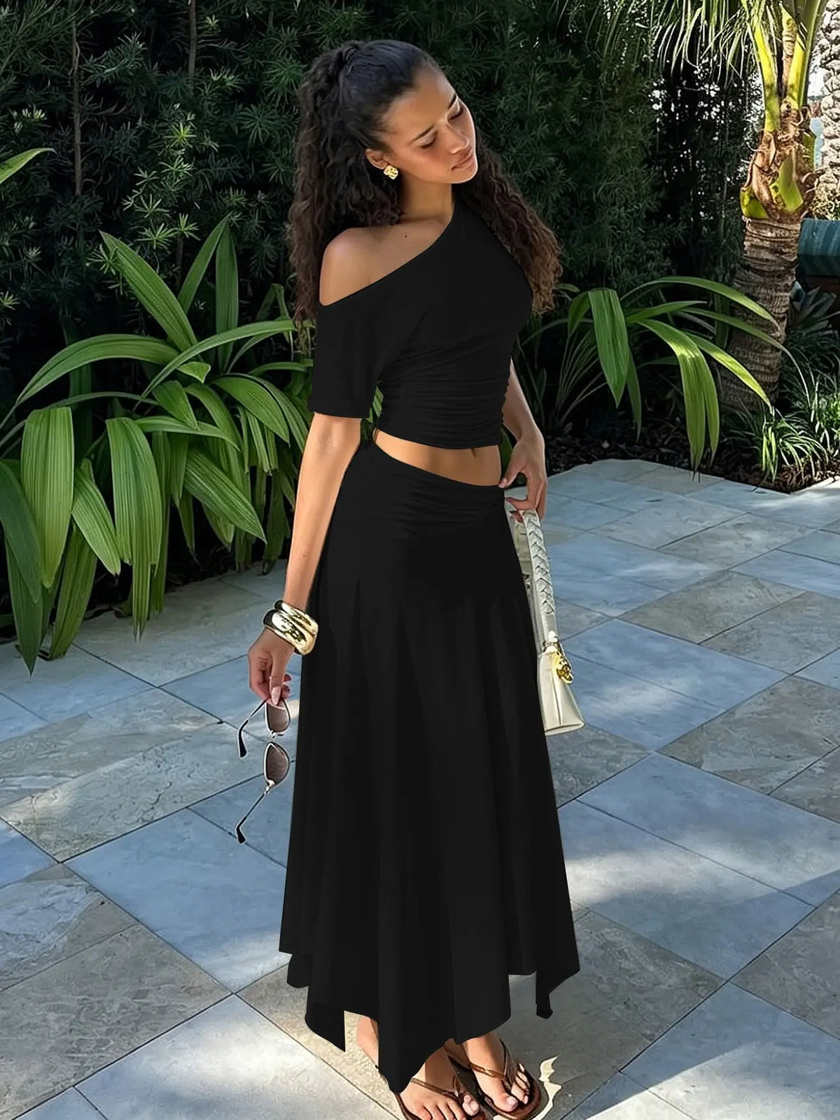 One-Shoulder Ruched Top & Bodycon Skirt Set – Sexy Two-Piece Party Outfit