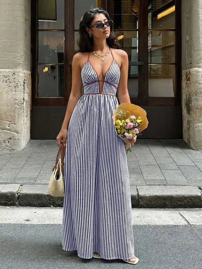 Deep V-Neck Halter Maxi Dress – Backless Evening Gown