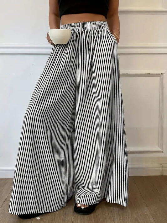 Women's Vertical Striped Wide Leg Pants – Casual Elastic Waist Loose-Fit Trousers