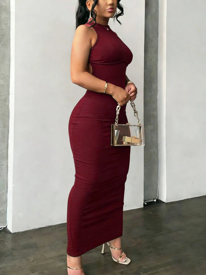 Backless Criss-Cross Bodycon Dress – Round Neck Cutout Long Dress