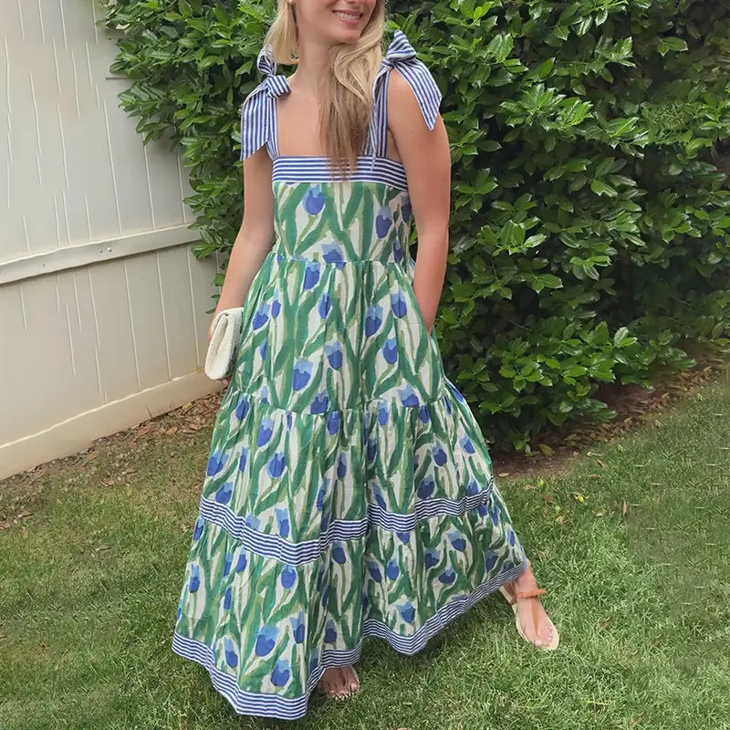 Boho Floral Tiered Maxi Dress – Flowy Sleeveless Sundress with Pockets