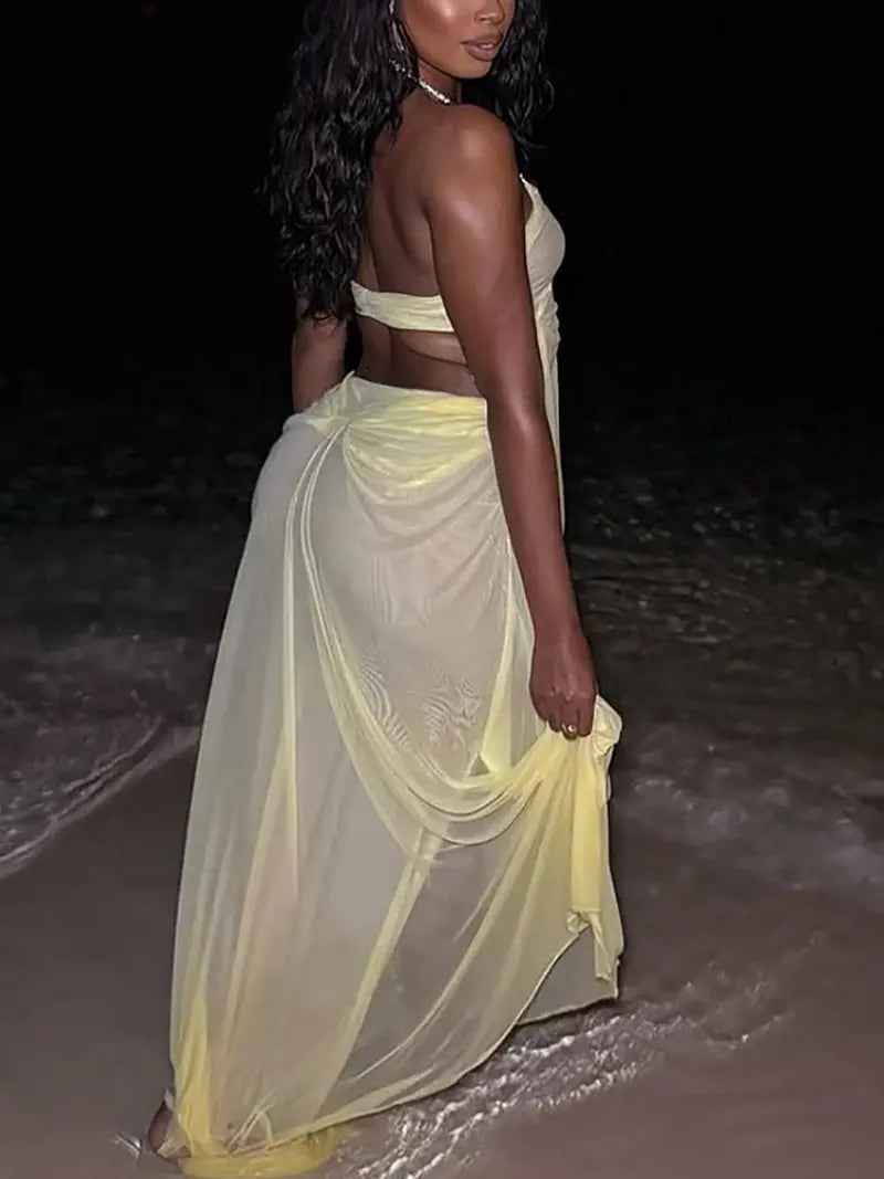 Mesh Patchwork Backless Maxi Dress – Halter Neck Cut-Out Party Dress
