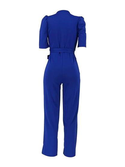 High Waist Belted Puff Sleeve Jumpsuit – Deep V-Neck Wrap Jumpsuit