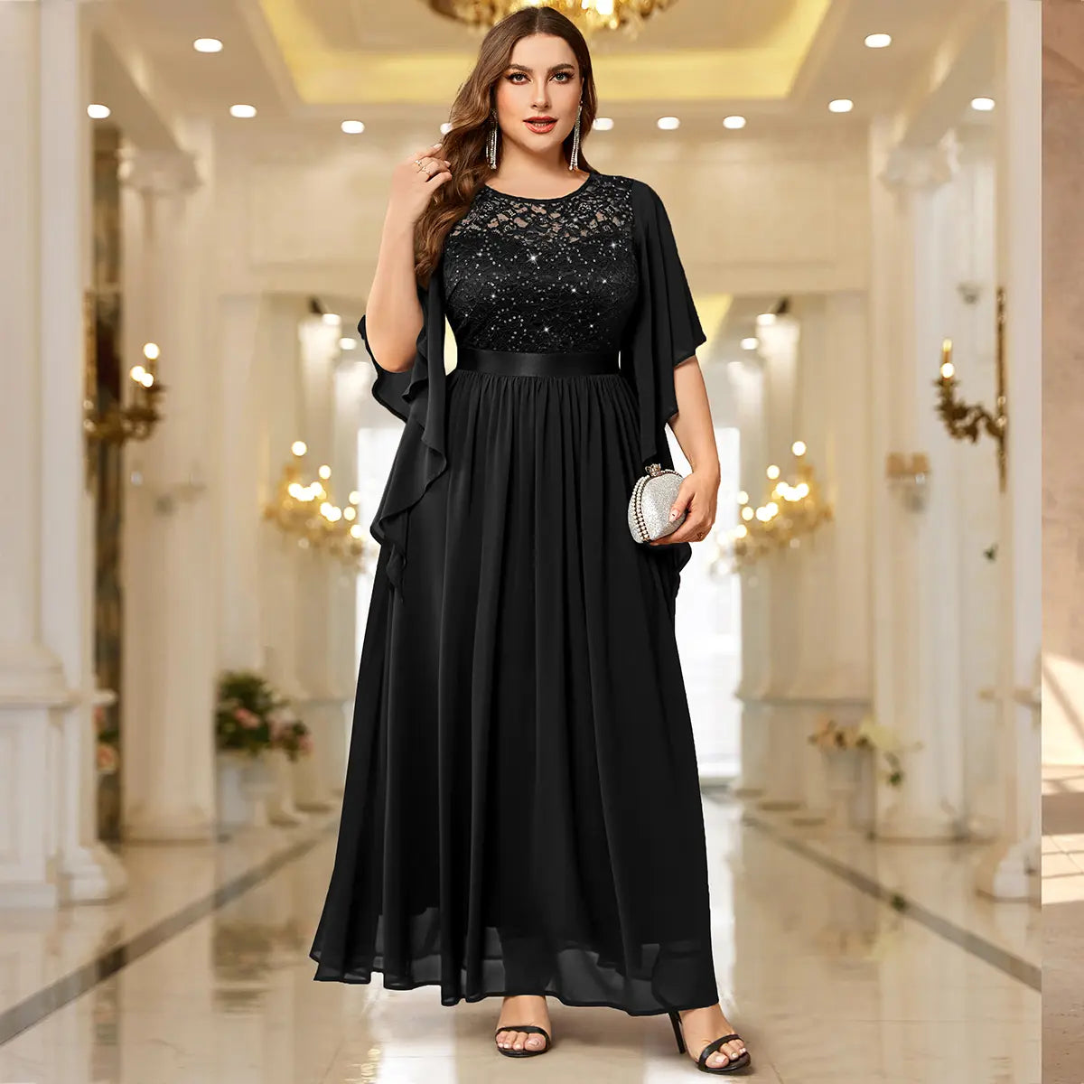 Sequin Lace Flared Sleeve Chiffon Maxi Gown – Elegant Formal Evening Dress