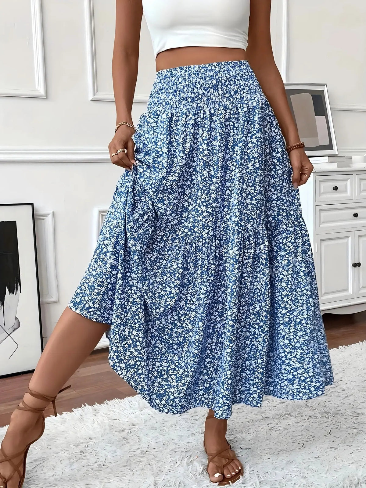 Layered Cake Ditsy Floral Long Skirt – Loose A-Line Elegant Skirt