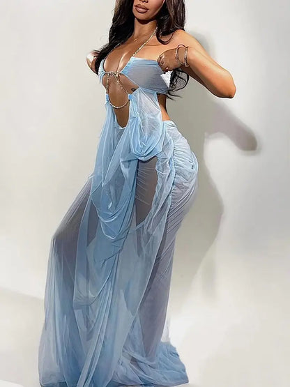 Mesh Patchwork Backless Maxi Dress – Halter Neck Cut-Out Party Dress
