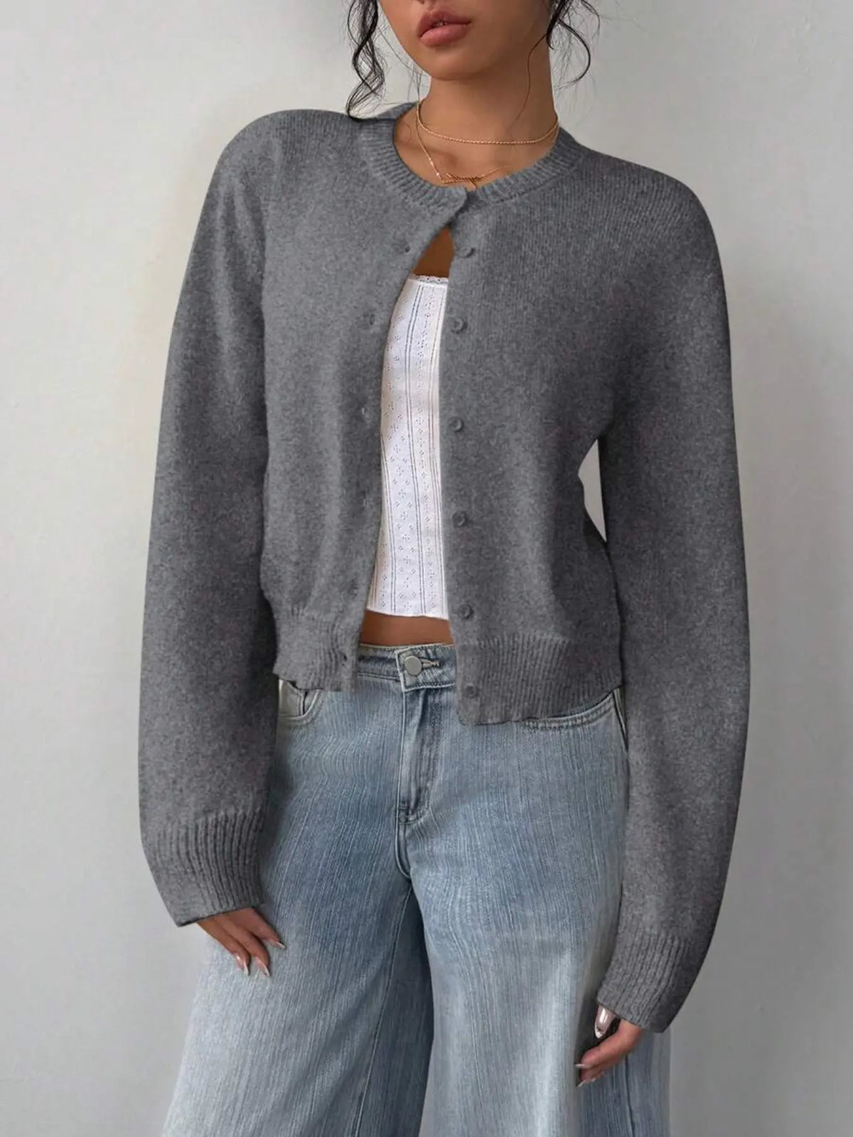 Button Front Sweater Cardigan – Fitted Long Sleeve Knit Cardigan