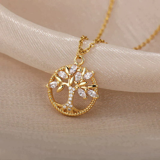 Gold Tree of Life Necklace with Cubic Zirconia