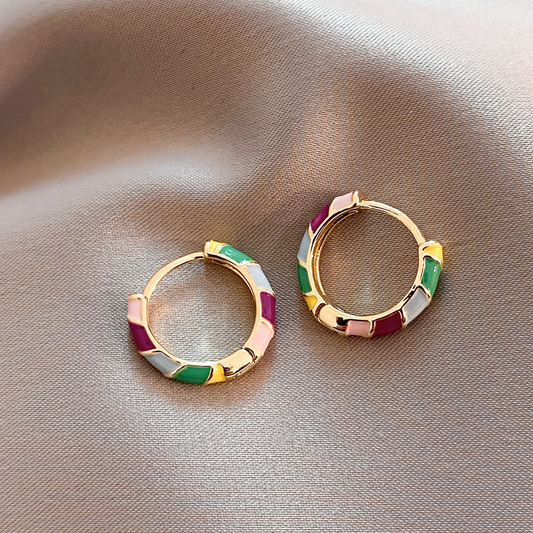 Elegant Gold Earrings with Multicolour Enamel