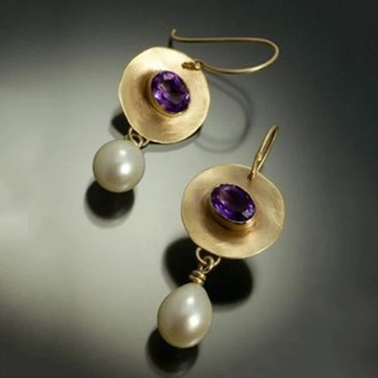 Pendientes Vintage Dorados y Violetas con Perlas