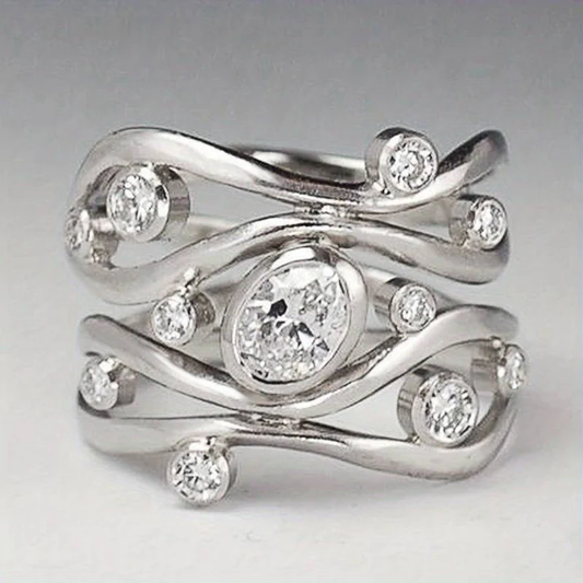 Vintage Silver Irregular-Design Ring with Cubic Zirconia