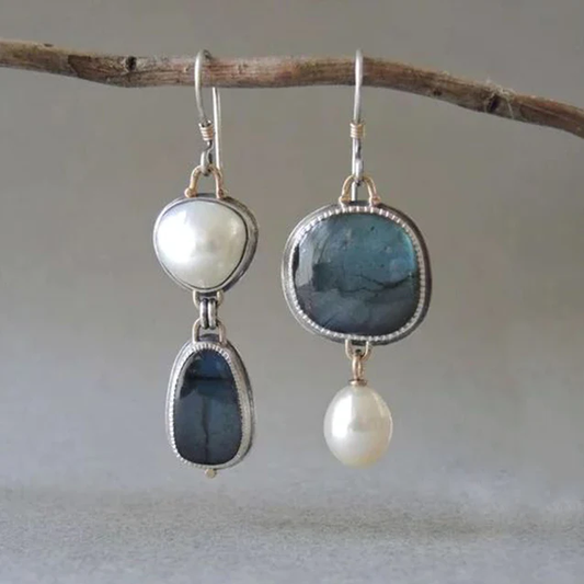 Orecchini Vintage con Pietra Blu e Perla