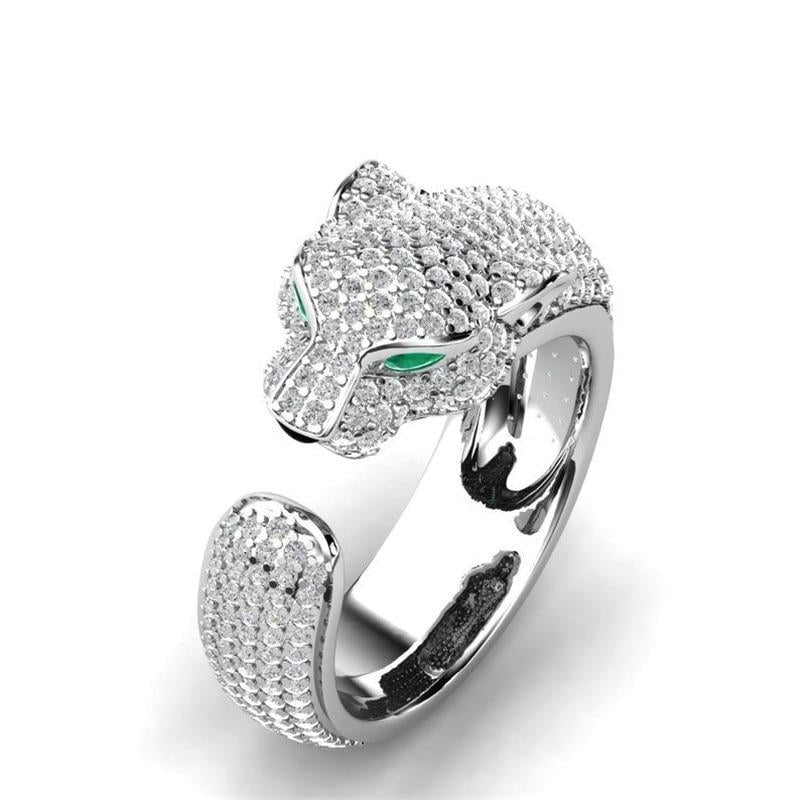 Anillo Ajustable de Jaguar en Plata y Oro Rosa de 18K con Ojos de Circonitas Verdes
