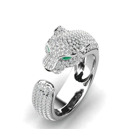 Anillo Ajustable de Jaguar en Plata y Oro Rosa de 18K con Ojos de Circonitas Verdes