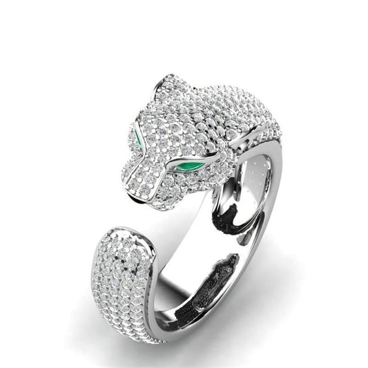 Adjustable Silver and 18K Rose Gold Jaguar Ring with Green Cubic Zirconia Eyes