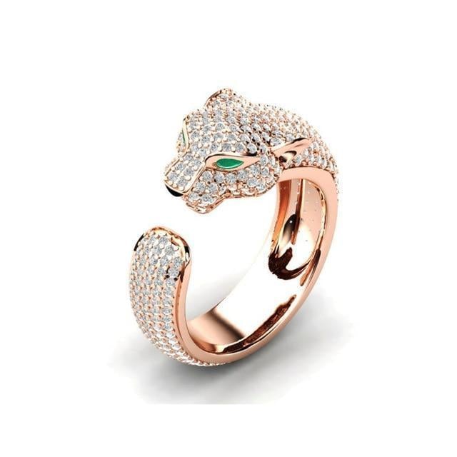 Anillo Ajustable de Jaguar en Plata y Oro Rosa de 18K con Ojos de Circonitas Verdes