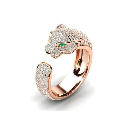 Anillo Ajustable de Jaguar en Plata y Oro Rosa de 18K con Ojos de Circonitas Verdes