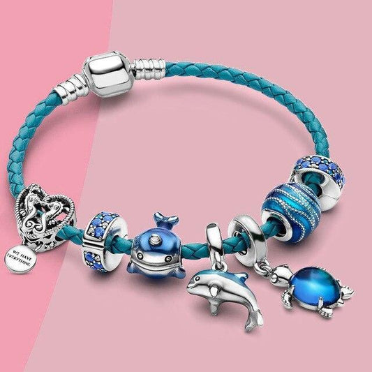 Ocean Leather and Silver Charm Bracelet