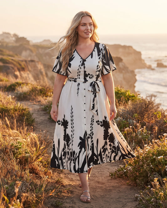 Robe Trapèze à Imprimé Floral – Col V Élégant et Taille Cintrée à Boutons