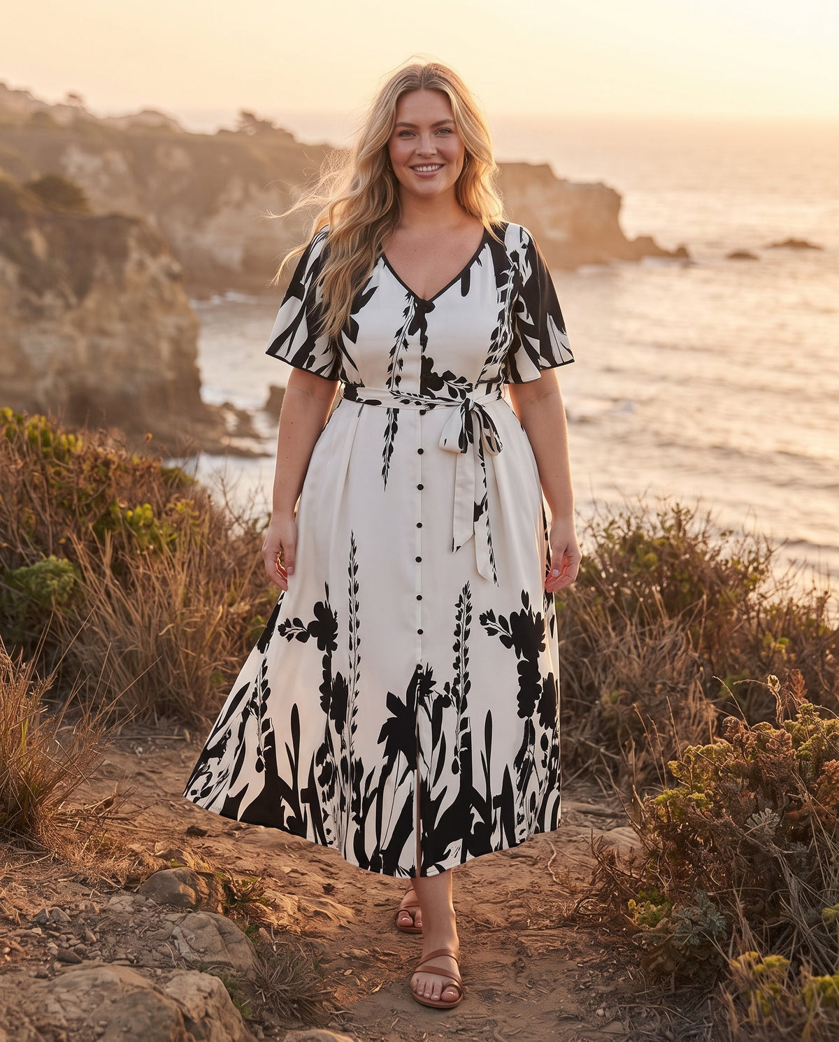 Robe Trapèze à Imprimé Floral – Col V Élégant et Taille Cintrée à Boutons