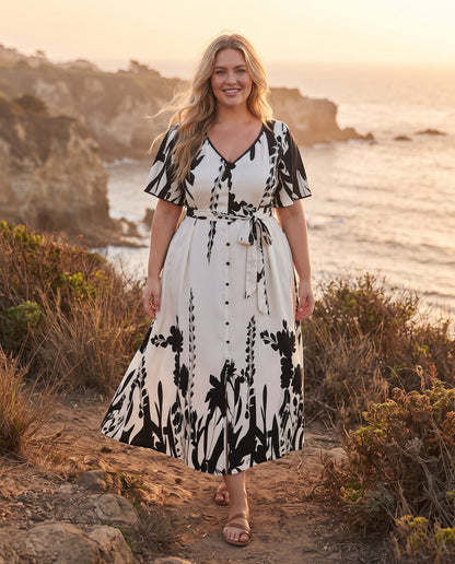 Robe Trapèze à Imprimé Floral – Col V Élégant et Taille Cintrée à Boutons