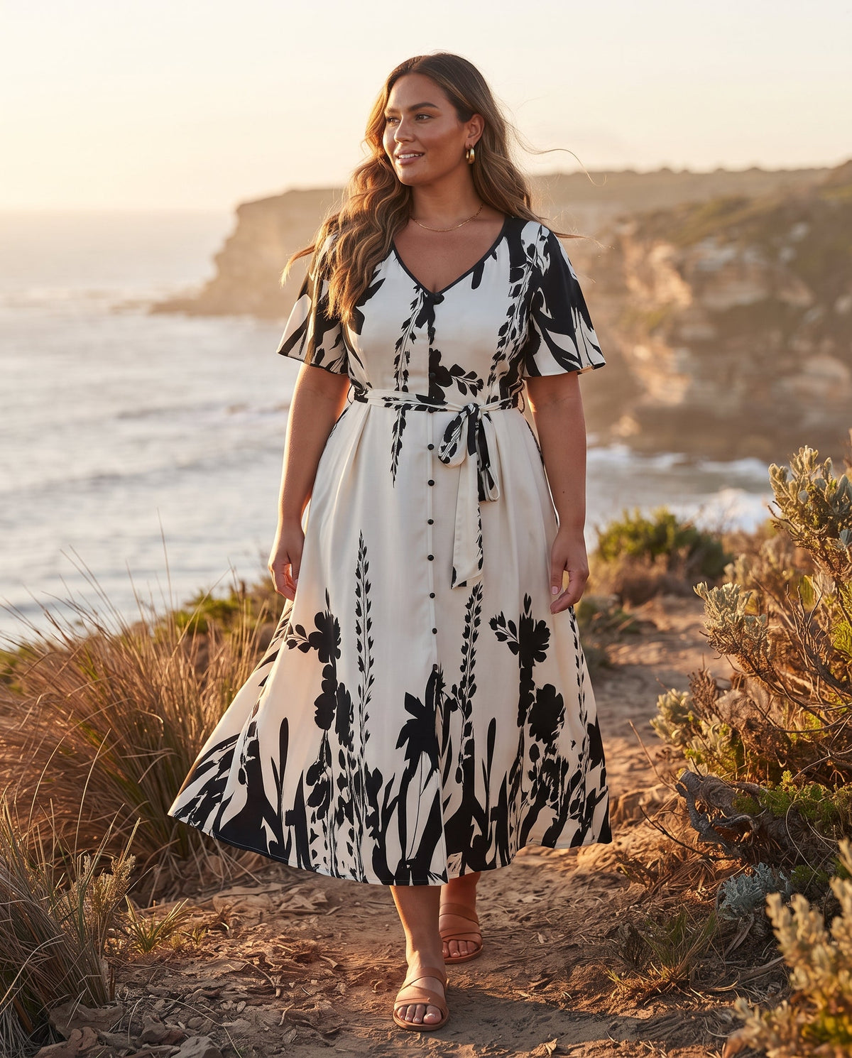 Robe Trapèze à Imprimé Floral – Col V Élégant et Taille Cintrée à Boutons